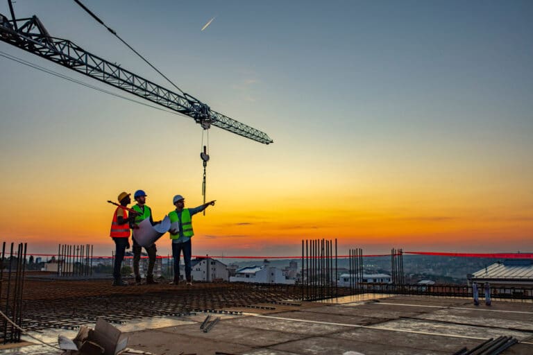 Construction workers reviewing building layout