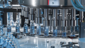 Close-up of Medical Ampoule Production Line at Modern Modern Pharmaceutical Factory. Glass Ampoules are being Filled. Medication Manufacturing Process.
