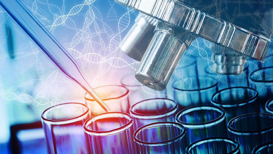 Digital composite image of scientific experiment and dNA strands