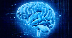 Blue digitally distorted brain illustration