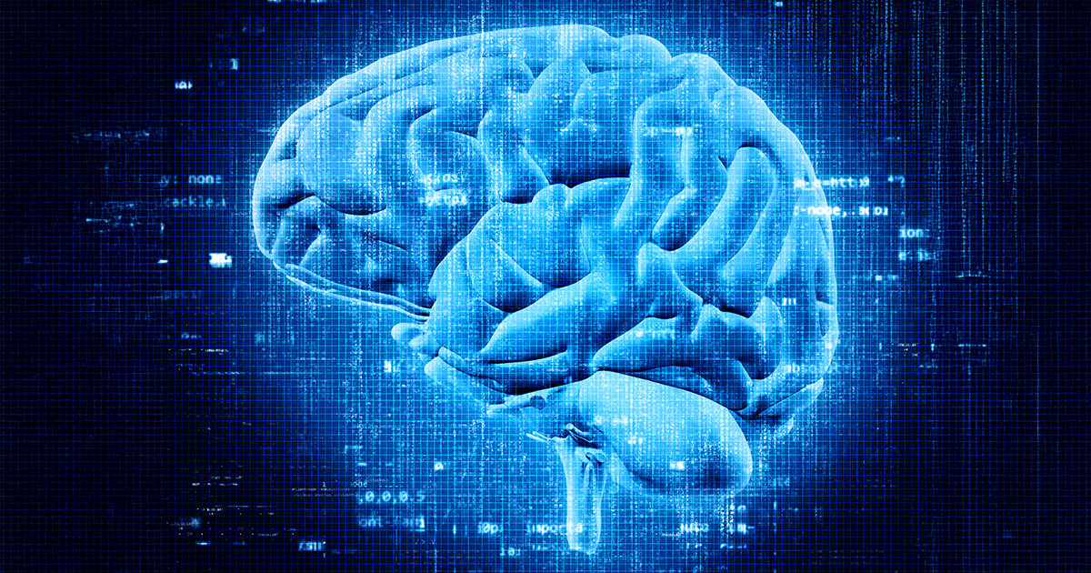 Blue digitally distorted brain illustration