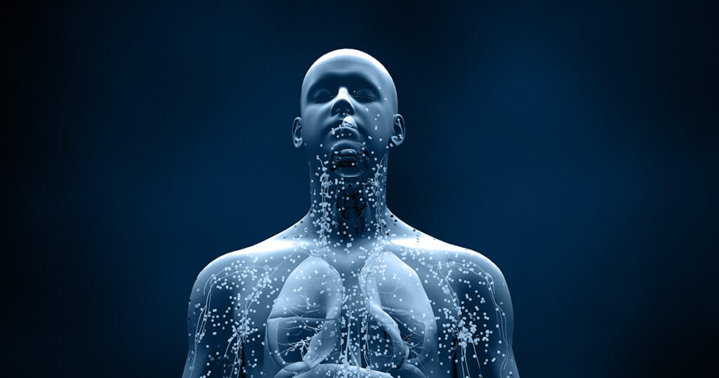 Digital illustration of the lymphatic system in the human body from chest up.