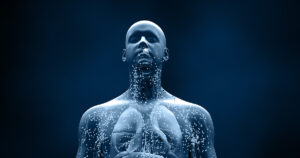 Digital illustration of the lymphatic system in the human body from chest up.