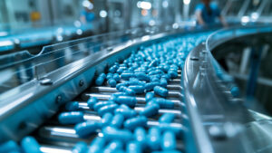 Conveyor belt with blue capsules medicine